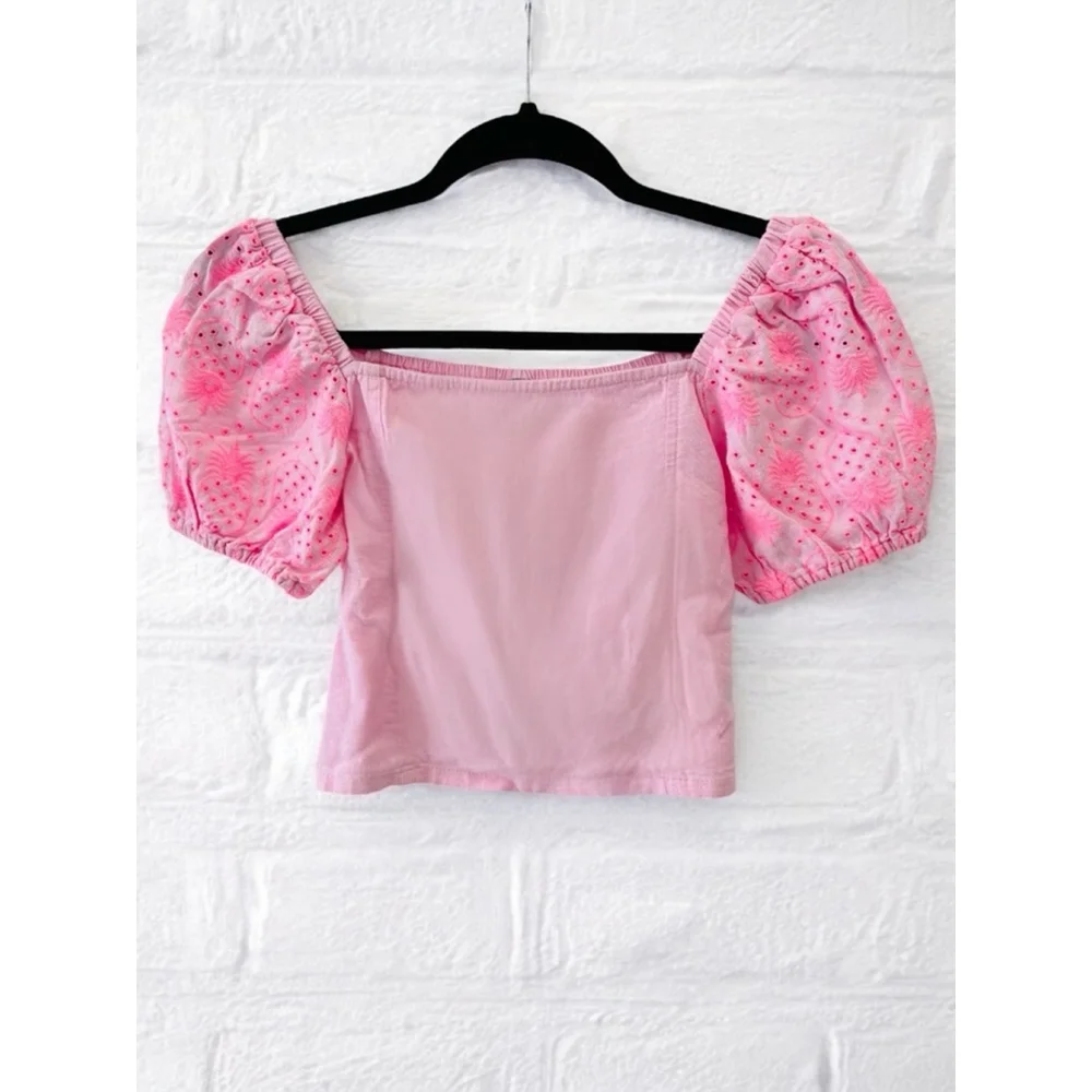 Old Navy Girls XL (14-16) Preppy Pink Puff Sleeved Top Smocked Pineapple Print